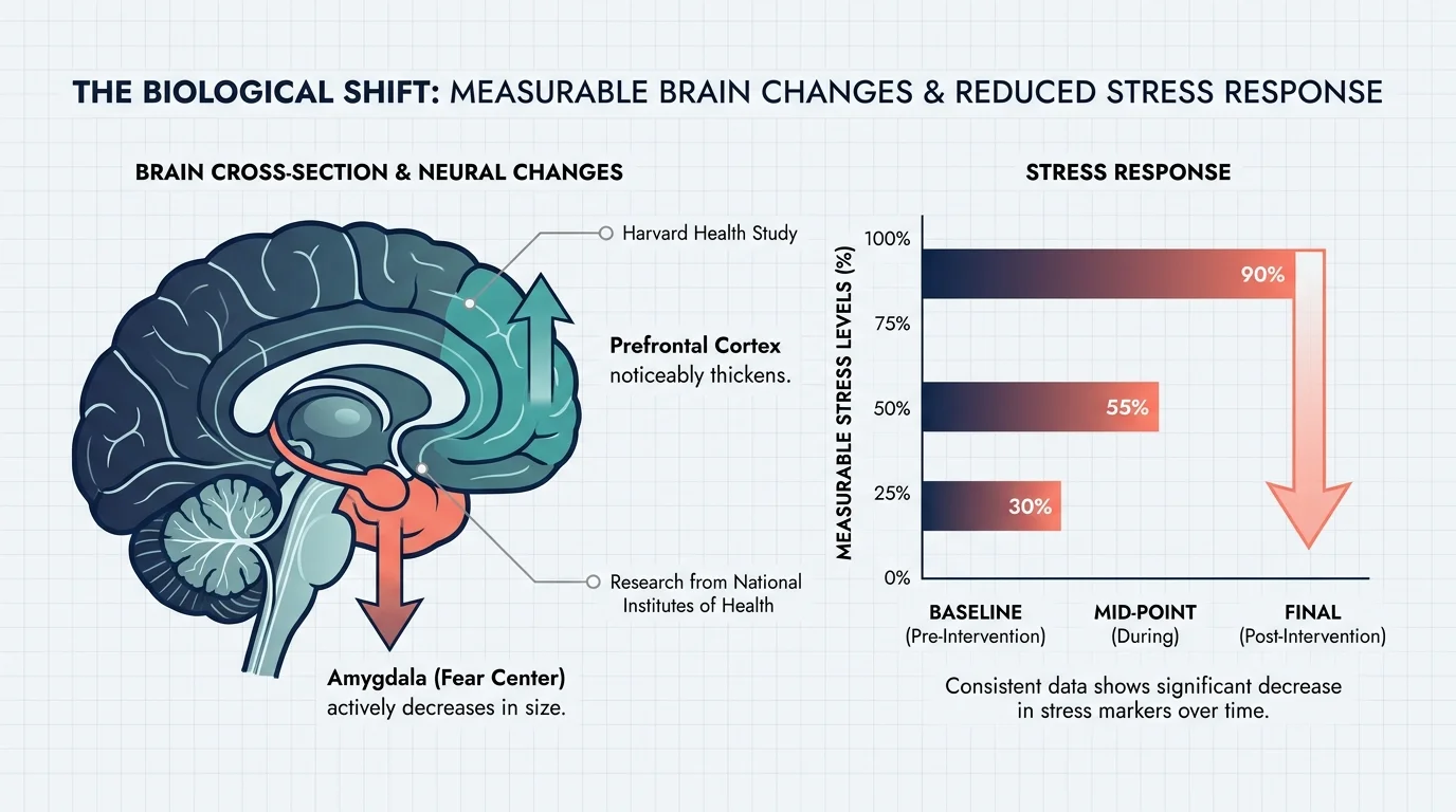 An infographic showing how mindfulness affects the amygdala and prefrontal cortex with labels citing Harvard Health.