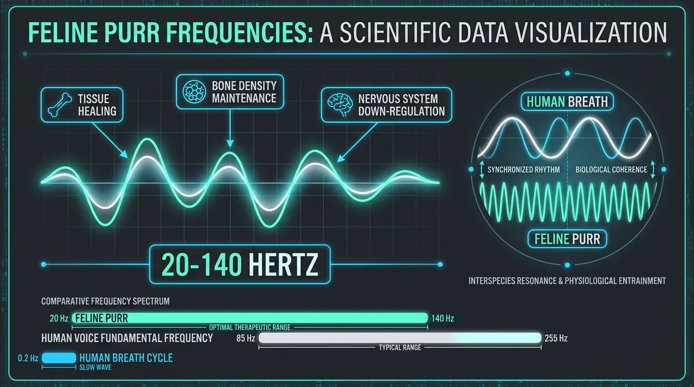 An infographic showing the 20-140 Hertz frequency of a cat's purr and its healing benefits for humans.