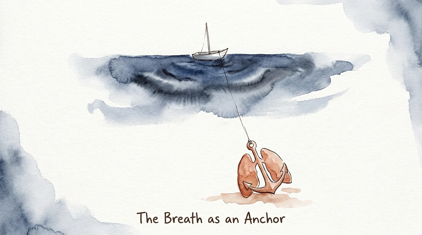 An ink and watercolor drawing of a boat anchored by a lung-shaped weight on the ocean floor.