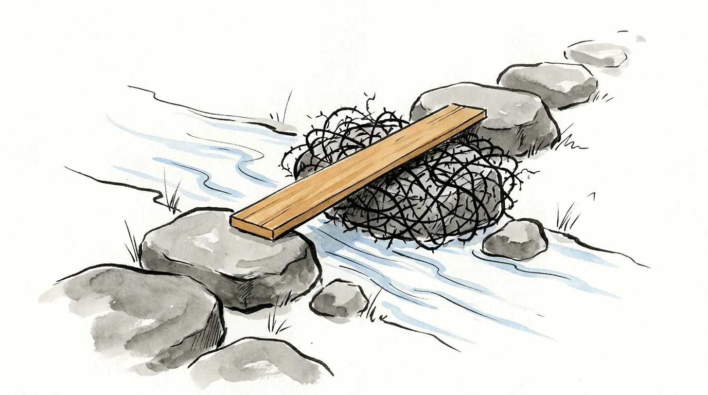 An ink drawing of a stone path where a small wooden plank bridges over a patch of thorns.