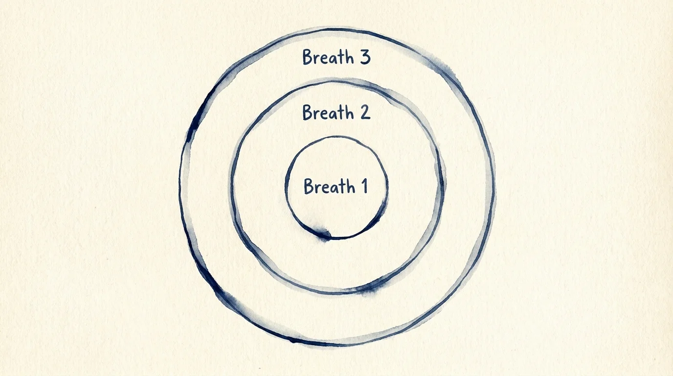 An ink drawing of three expanding ripples labeled Breath 1, Breath 2, and Breath 3.