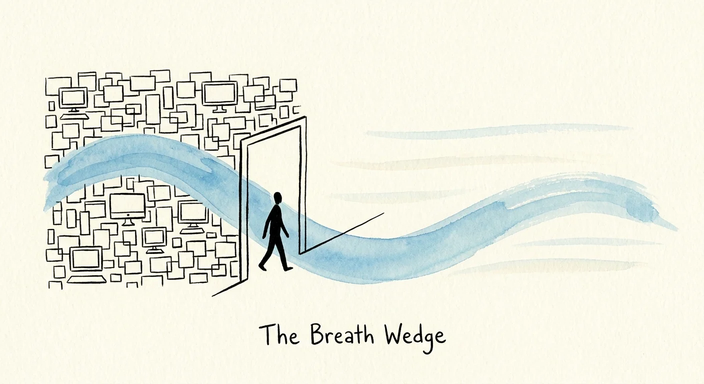 An ink illustration of a person walking through a door, surrounded by a flowing blue line representing a breath.