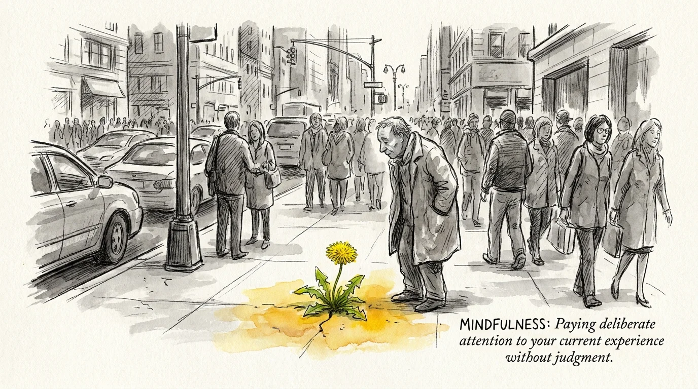 An ink sketch of a person on a city street noticing a single bright yellow flower in a sidewalk crack.