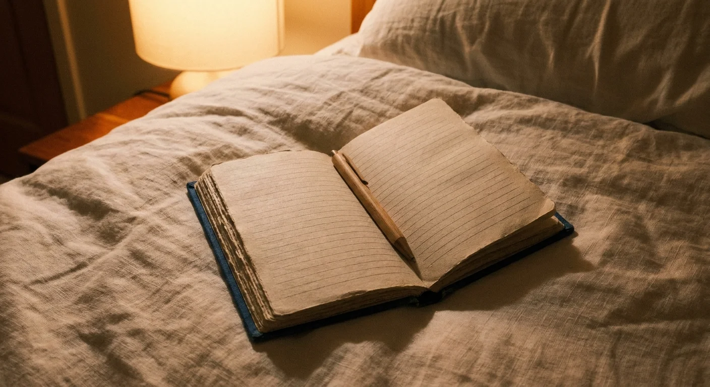 An open journal and a pen on a rumpled linen bed, illuminated by warm evening lamp light.