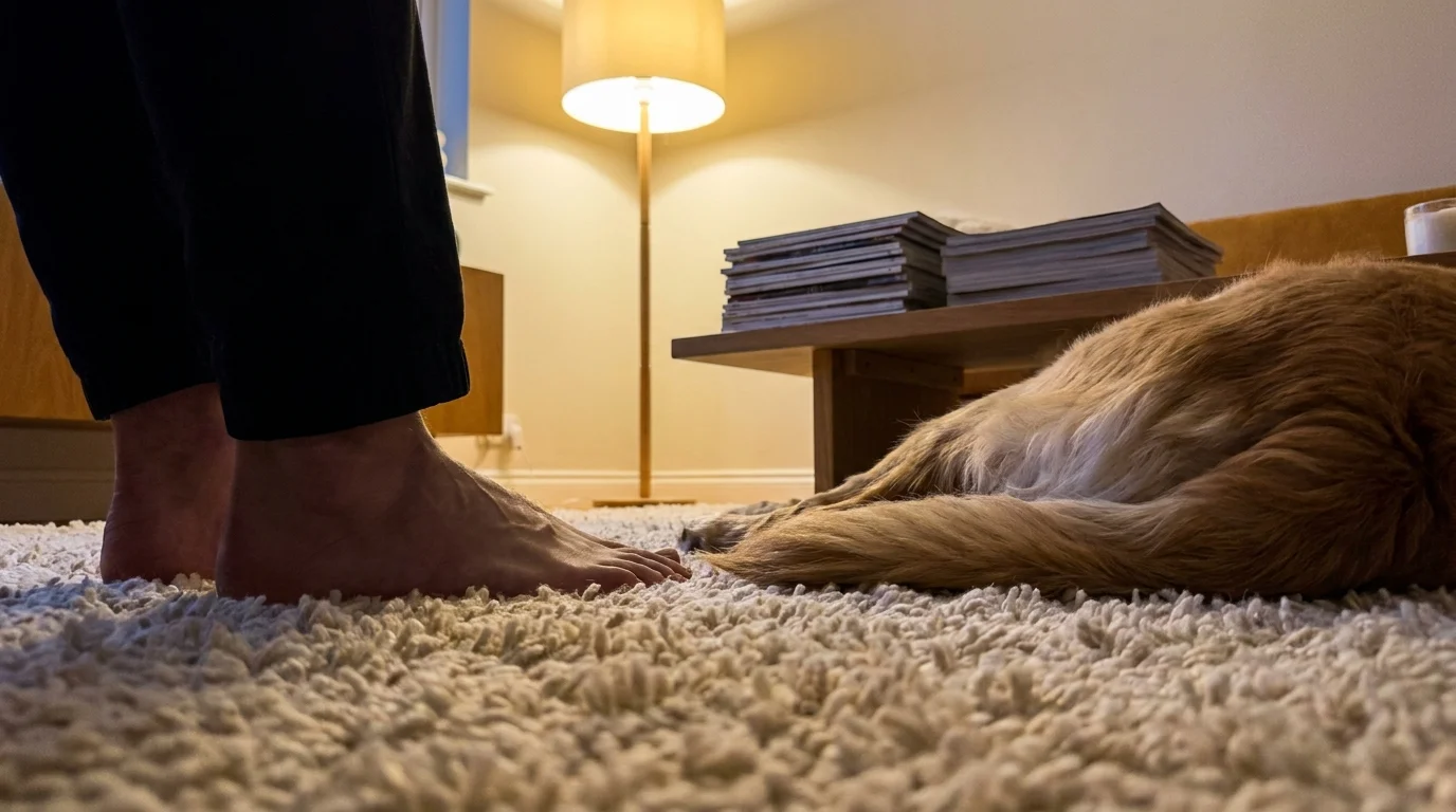 Bare feet on a soft rug next to a sleeping dog in a warmly lit living room.