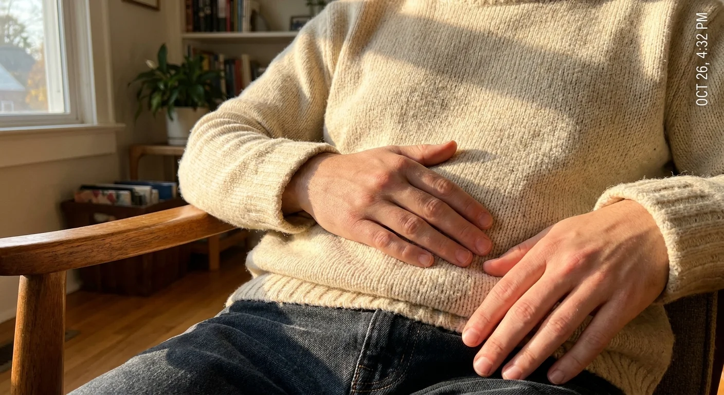 Close-up of a person's hands resting on their lap and stomach in a moment of deep breathing.