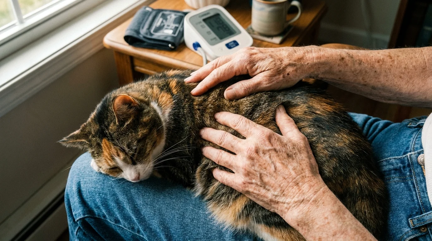 Close-up photo of a senior's hands stroking a calico cat's fur, showing deep texture and detail.