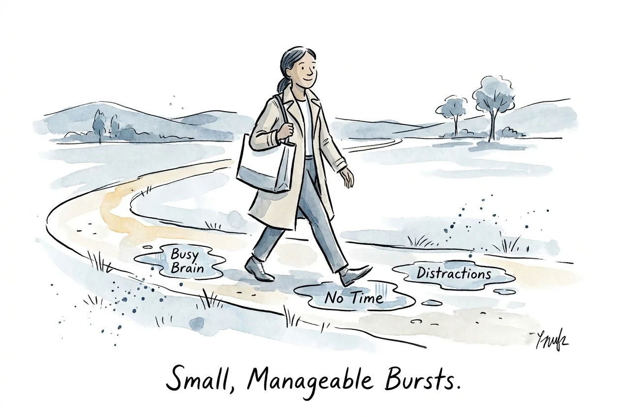 Illustration of a person stepping over small puddles labeled with common mindfulness obstacles.