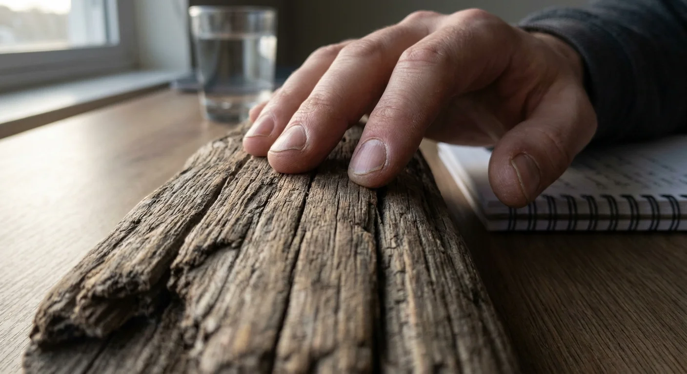 Macro photo of a hand touching a piece of textured wood, focusing on the physical sensation of touch.