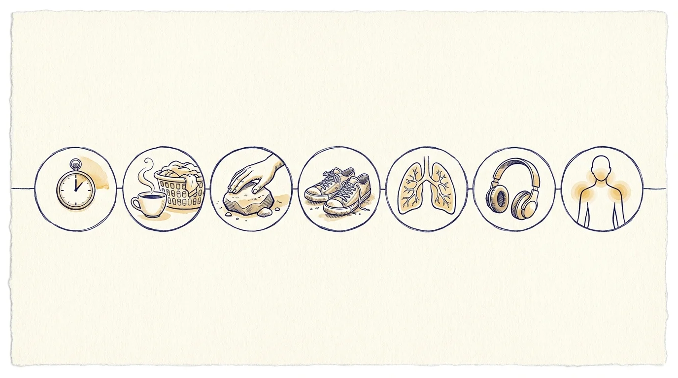 Seven small watercolor icons representing different informal meditation techniques arranged in a row.