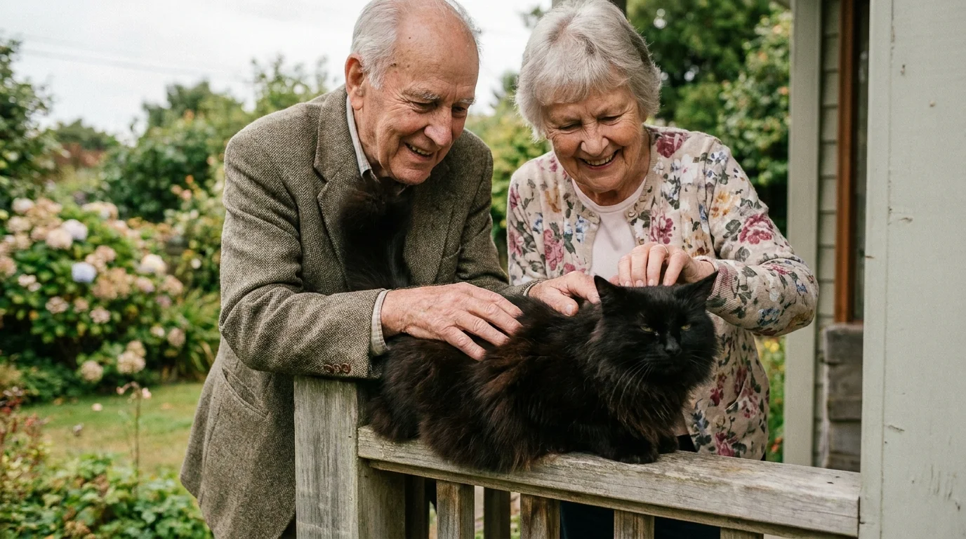 Two seniors smiling and talking while they both pet a black cat sitting on a porch railing.