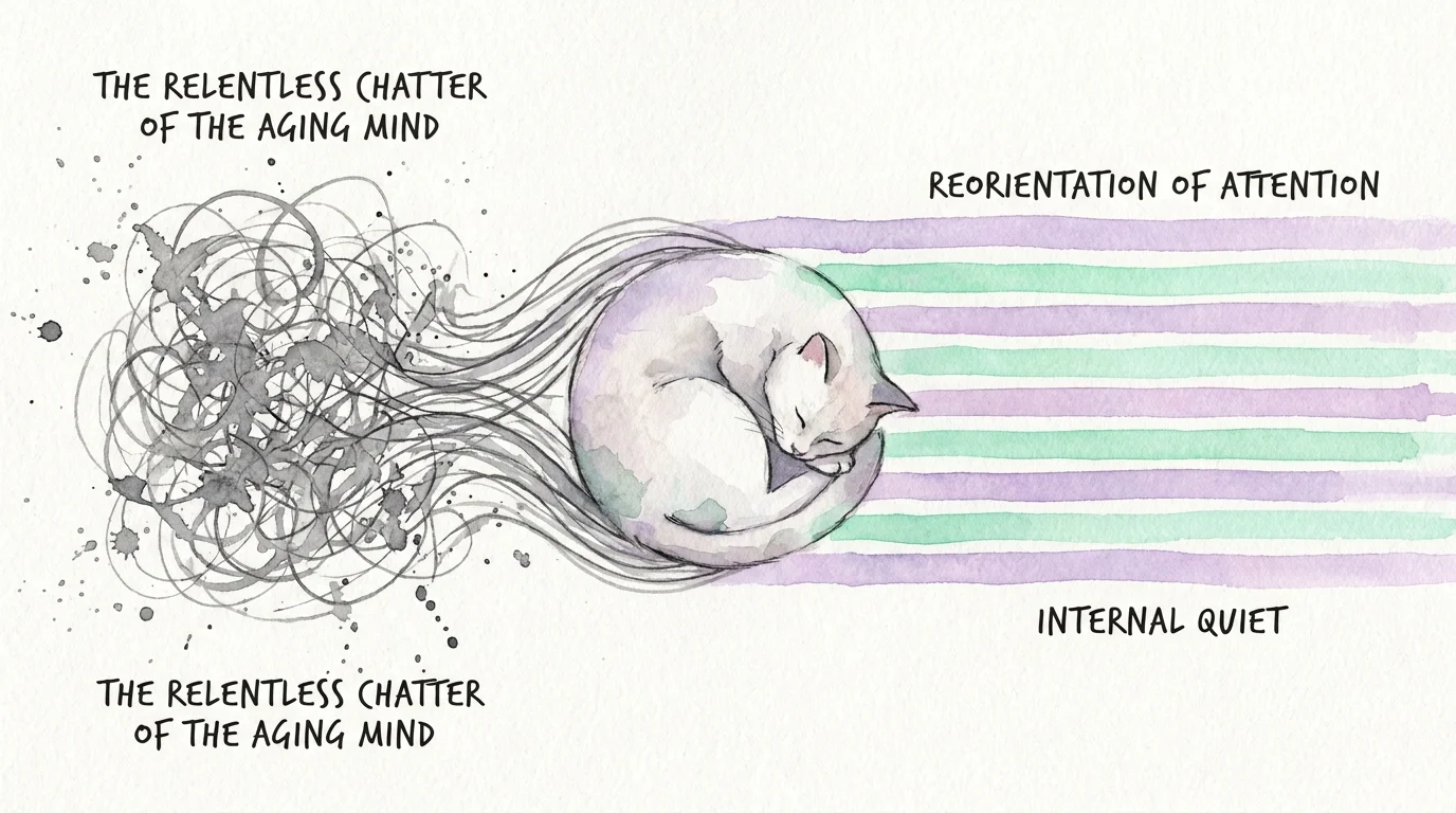 Watercolor art showing chaotic scribbles turning into calm, straight lines as they pass by a sleeping cat.
