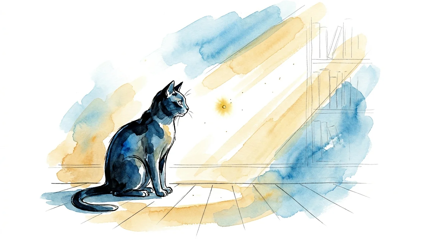 Watercolor illustration of a cat sitting in a sunbeam, focused intently on a single dust mote.