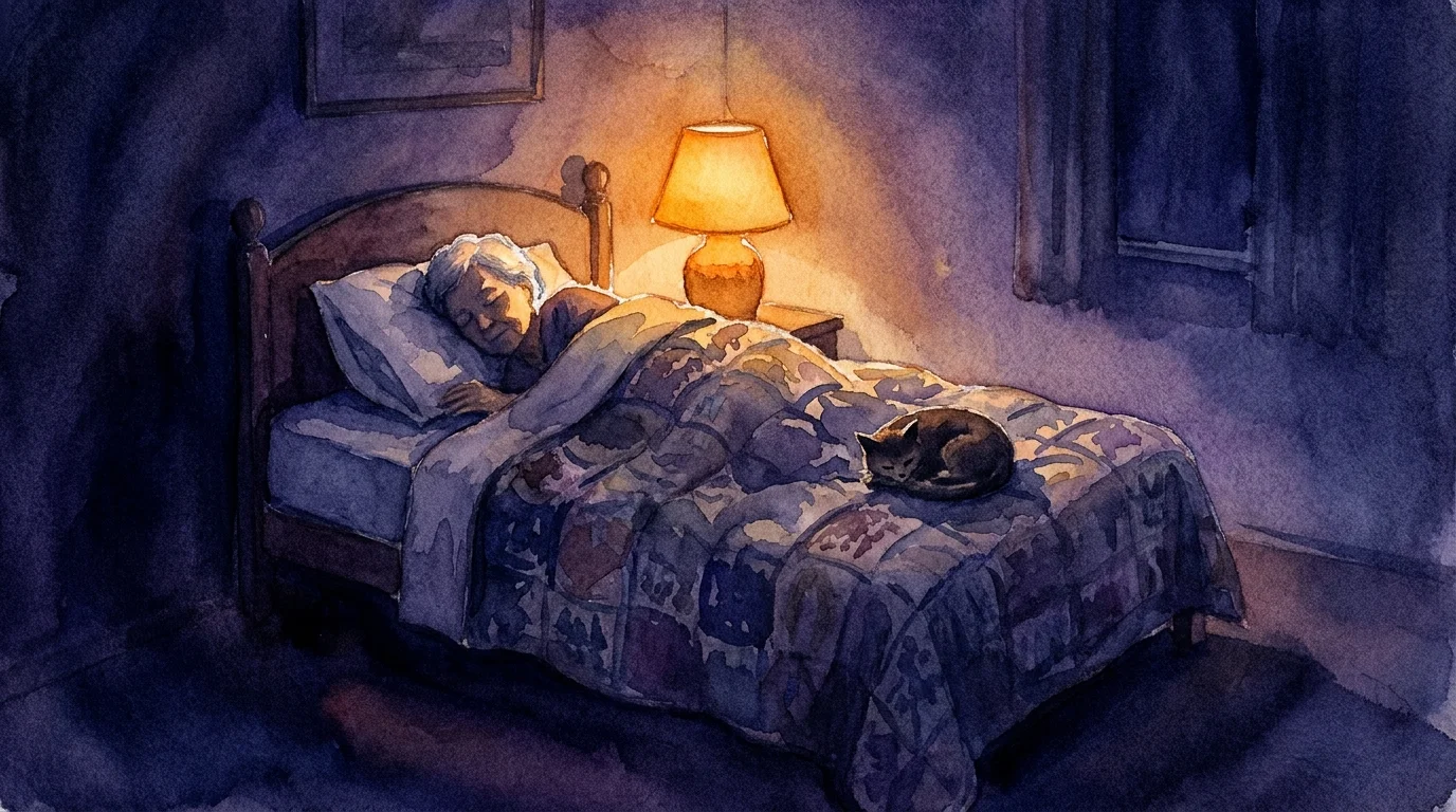 Watercolor painting of a person sleeping in bed with a cat curled up at their feet in a dark, cozy room.