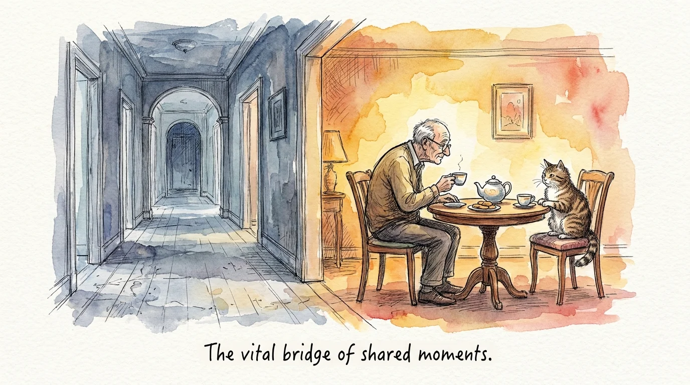 Watercolor sketch showing a transition from a lonely blue hallway to a warm room where a man sits with his cat.